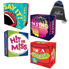 Load image into Gallery viewer, Gamewright Party Game Set of 4: Think 'N Sync, In a Pickle, Say It!, Hit or Miss with Myriads Drawstring Bag