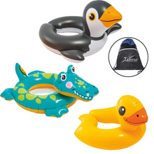 Load image into Gallery viewer, Intex Set of 3 Kid-Sized Animal Swim Ring Floaties: Yellow Ducky, Penguin, and Friendly Alligator, with Drawstring Bag