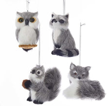 Load image into Gallery viewer, Kurt Adler 3" Plush Grey Animal Christmas Tree Ornaments Set of 4: Owl, Squirrel, Raccoon and Fox