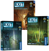 Load image into Gallery viewer, EXIT: The Game 3-Pack Escape Room Bundle: Abandoned Cabin, Pharaoh's Tomb, Secret Lab Family Games