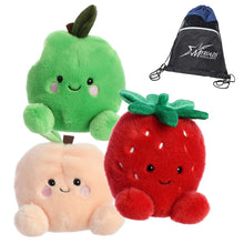 Load image into Gallery viewer, Aurora World Palm Pals Fruity Bundle: Juicy Strawberry, Jolly Green Apple, and Mellow Peach with Exclusive Drawstring Bag