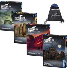 Load image into Gallery viewer, Thames &amp; Kosmos Adventure Games Set of 4: The Dungeon, Monochrome Inc., The Volcanic Island, and The Grand Hotel Abaddon, with Myriads Drawstring Bag