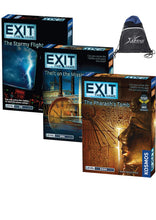 Load image into Gallery viewer, EXIT: The Game World Mystery Set – The Pharaoh’s Tomb, The Stormy Flight, and Theft on the Mississippi with Drawstring Bag