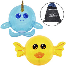 Load image into Gallery viewer, Swimline 32" Big Inflatable Animal Shaped Beach Ball 2-Pack: Blue Narwhal &amp; Yellow Goldfish with Bag