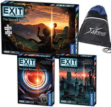 Load image into Gallery viewer, EXIT: The Game Set of 3: The Sacred Temple, The Gate Between Worlds, and The Cemetery of The Knight and Drawstring Bag