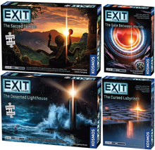 Load image into Gallery viewer, EXIT: The Game 2021 4-Pack - The Cursed Labyrinth, Gate Between Worlds, The Deserted Lighthouse, Sacred Temple, and Drawstring Bag
