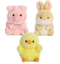 Load image into Gallery viewer, Aurora Rolly Pet Plush 3 Pack: Chickadee Chick, Lively Bunny, Prankster Pig &amp; Drawstring Bag