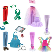 Load image into Gallery viewer, The Elf on the Shelf Magi-Freeze Stand Up Complete Set: Cocoa to Go Barista, Rainbow Snow Pixie Dress, Holiday Hipster, Tiny Tidings Tutu, and Glitzy Gala Dress (Elf Not Included)