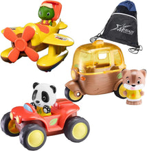 Load image into Gallery viewer, Timber Tots Toy Vehicles Bundle: Seaplane, Side Car, and Quad ATV &amp; Exclusive Myriads Drawstring Bag