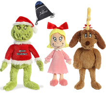 Load image into Gallery viewer, Aurora Christmas Set of 3: 18" Max with Antler, 12" Cindy-Lou who and 18" Merry Grinchmas Grinch with Drawstring Bag