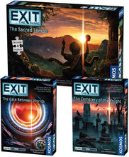 Load image into Gallery viewer, EXIT: The Game Set of 3: The Sacred Temple, The Gate Between Worlds, and The Cemetery of The Knight and Drawstring Bag